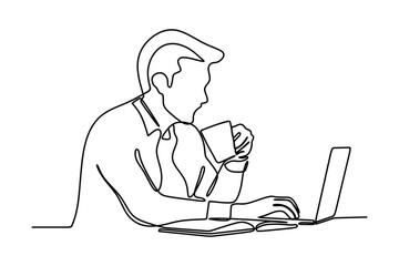 confident businessman using laptop while drinking coffee. continuous line drawing. vector illustration