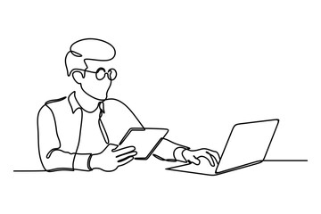 business man working using digital tablet and laptop. continuous line drawing. vector illustration