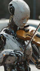 a humanoid robot cyborg plays the violin