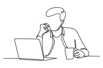 Businessman relaxing drinking coffee and talking on his cell phone. Continuous line drawing. Vector concept