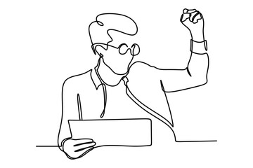 Happy young man celebrating success at work in office. Continuous line drawing. Business concept. Vector illustration