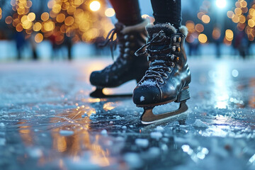Close-up of a girl's legs in w fashion skates on an outdoor ice rink, a young girl skating thinking on the open rink - obrazy, fototapety, plakaty