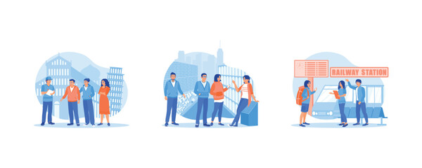 Tourist Guide concept. Vacationing in Pisa, Italy. The tour guide explains about the culture. Take a local tourist trip by train. set flat vector modern illustration 