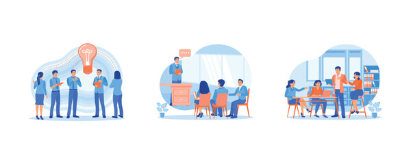 Fototapeta premium Briefing concept. Exchange opinions. Hold meetings with employees. Discuss financial statistics together. set flat vector modern illustration 
