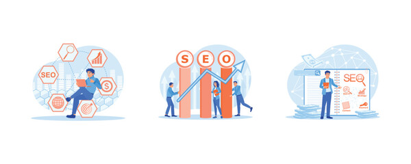 SEO concept. Website traffic ranking marketing. SEO Search Engine Optimization. Take note of the SEO optimization scheme. set flat vector modern illustration 