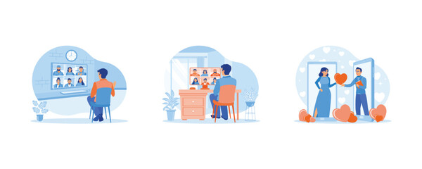 Virtual Relationships concept. Work from home concept&mdash;an online meeting of businessmen with colleagues. Man, you are talking to a female friend on the mobile phone screen. 