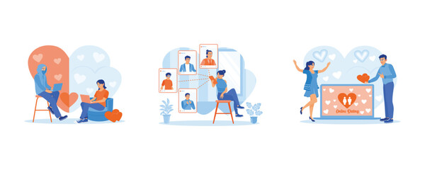 Online Dating concept. Online dating with a fake boyfriend. Open an online dating site. Young man giving heart symbol to his partner. set flat vector modern illustration 