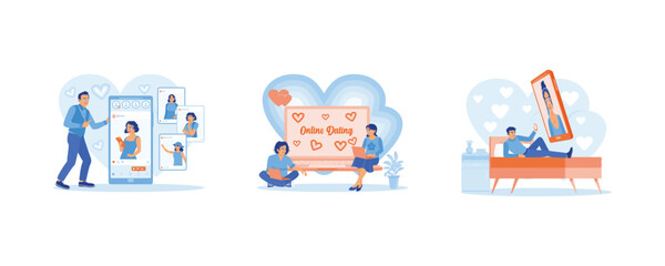 Online Dating concept. A man chatting with a female friend on a smart phone screen and sending love messages to their partner, and a man talking to a female friend on a mobile phone screen. 