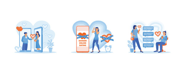 Fototapeta premium Online Dating concept. Young couple using online dating app. The dangers of online dating. Send and read messages to each other in text bubbles. set flat vector modern illustration 