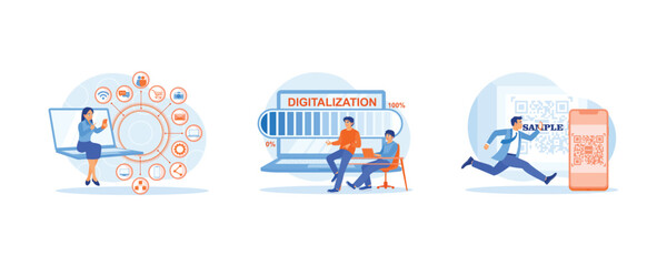 Fototapeta premium Digital Business concept. Businesswoman working in the office. Digital world concept with the word digitalization. Scan QR code is used for online payment. Flat vector illustration.