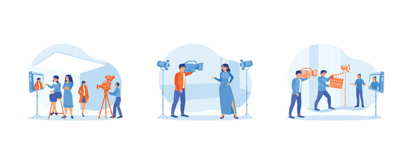 Fototapeta premium Film Production concept. A professional film crew team shoots in the studio. The cameraman filmed the actress' scene. The film crew team is working on filming. Flat vector illustration.