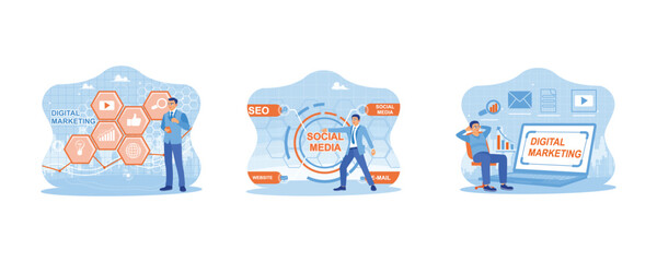  Digital marketing content planning advertising strategy.   virtual screen. Man sitting in front of laptop. set flat vector modern illustration 