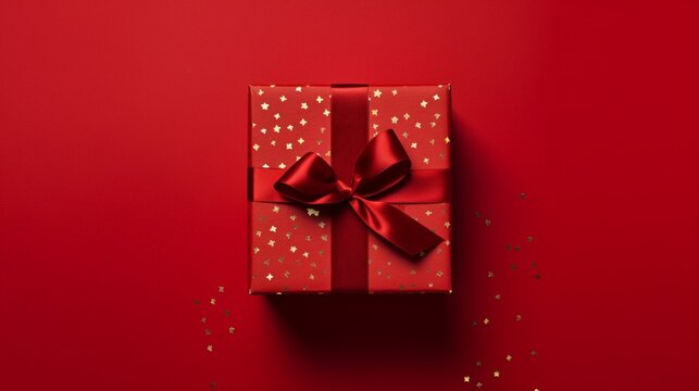 A gift box wrapped, image from the top, red colored plain background  - Generative AI