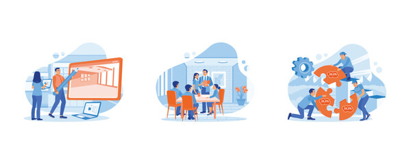 Fototapeta premium Employee Making concept. Two employees created the interior design. Coworkers have a meeting. Teamwork and work motivation. set flat vector modern illustration 