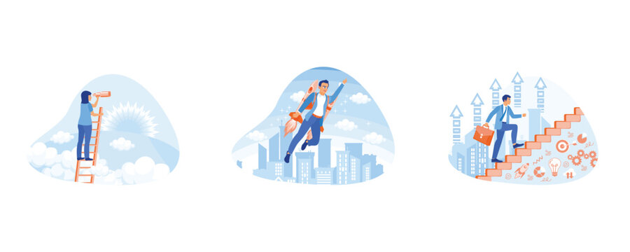  Career Development concept. A woman is standing on stairs using a telescope. Businessman in career advancement concept. Building a successful international business. 