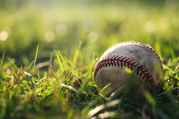 A rigid baseball ball placed on the green grass of the baseball field