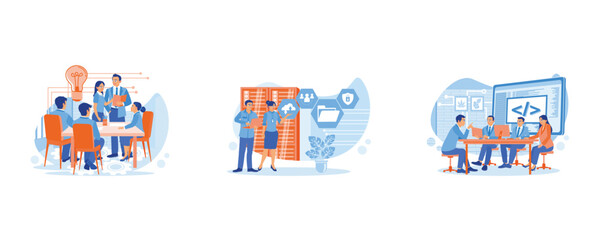 Discuss Information concept. Discuss new business ideas. Male IT specialist discussing with female server technician. Startup business problem solving. set flat vector modern illustration