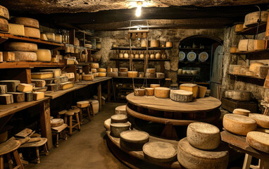 Cheese cellar where different types of cheese are ripened during certain period of time