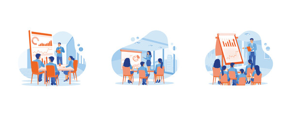 Briefing concept. Employees listen to the leader's explanation. Diverse multiethnic work team exchanging ideas. Project presentation on a flip chart. set flat vector modern illustration 