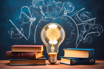 Innovative learning, creative educational study concept for graduation and school student success with world light bulb on teacher chalkboard. - obrazy, fototapety, plakaty