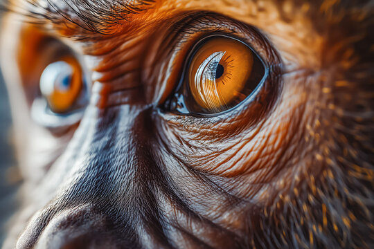 Hyper realistic monkey eyes macro close up. A close-up image of a monkey's orange eyes in the jungle in its natural habitat.