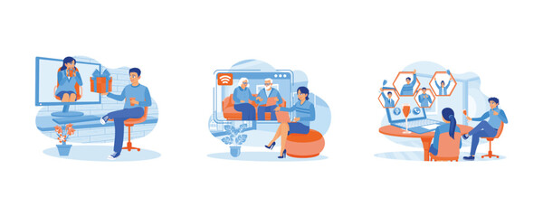 Fototapeta premium Virtual Relationships concept. A beautiful girl makes a video call with an older man in the village. A young couple celebrating an evening party online via video call and clinking glasses of drinks.