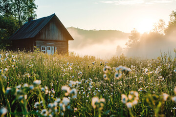Peaceful landscape with field, flowers, an old house in the distance and fog, golden hour. House for relaxation