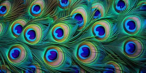 vertical shot of a beautiful peacock tail Green Blue Peacock Feathers Background Colorful peacock feathers.