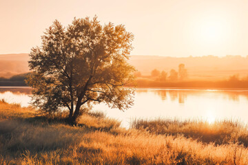 Peaceful landscape with lake and a tree, light pink golden hour tone. Space for walks and boat rides.
