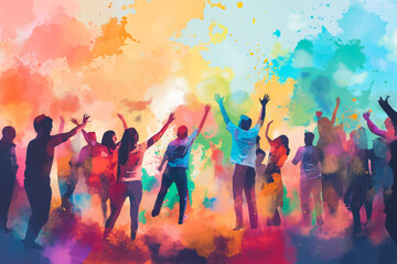 People celebrating for holi festival of color in nepal , india illustration design. They are very happy that it is the festival of colors. - obrazy, fototapety, plakaty