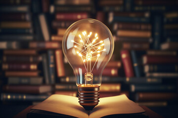 Light bulbs and books. Concept of reading books, knowledge, and searching for new ideas. Innovation and inspiration, Creativity with twinkling lights, the inspiration of ideas - obrazy, fototapety, plakaty