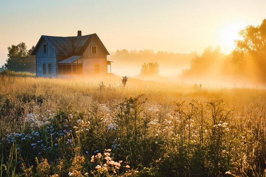 Peaceful landscape with field, flowers, an old house in the distance and fog, golden hour. House for relaxation