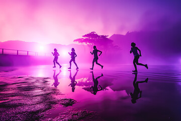 Running people in purple light, world cancer day concept. Encouraging a healthy life and plenty of exercise.