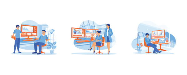 Obraz premium video editor works in front of a computer with two screens. Video Editor. Editor and co workers work together at a digital multimedia company. set flat vector illustration