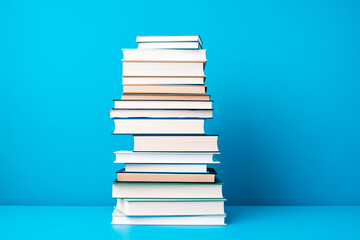Simple composition of hardback books, raw books on a blue background. stacking of books without inscriptions.