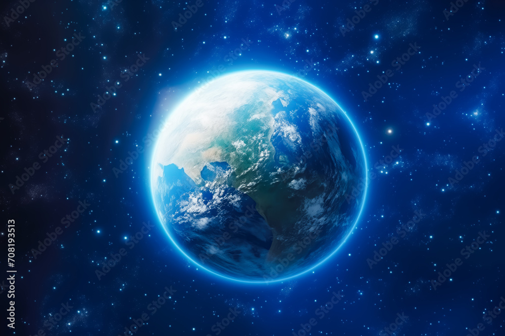 Wall mural view of blue planet earth in space 3d rendering. earth planet in deep space. outer dark space wallpa