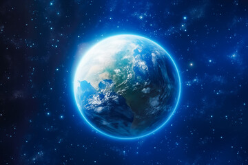 View of blue planet earth in space 3d rendering. Earth planet in deep space. Outer dark space wallpaper. Night on planet with cities lights. Surface of Earth.