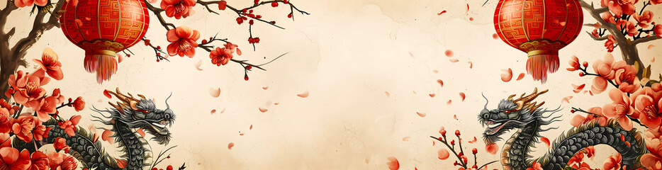 Chinese new year banner with copy space featuring dragons, cherry blossom and traditional lantern