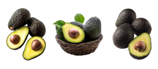 Fresh ripe avocados set in half, whole and in basket. Isolated over white transparent background