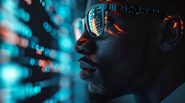 Side close up portrait of African American man with computer vision and data visualization reflected in eye glasses. Technological futuristic concept
