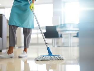 Maid use mop equipment to mop and clean dust on the floor