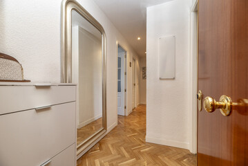 Small hall of a home with French oak parquet flooring, a large mirror with a silver frame and white wooden doors