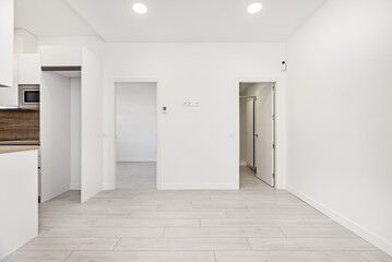 Front image of a loft-type home with open spaces with light wooden floors, access to the rest of the empty rooms