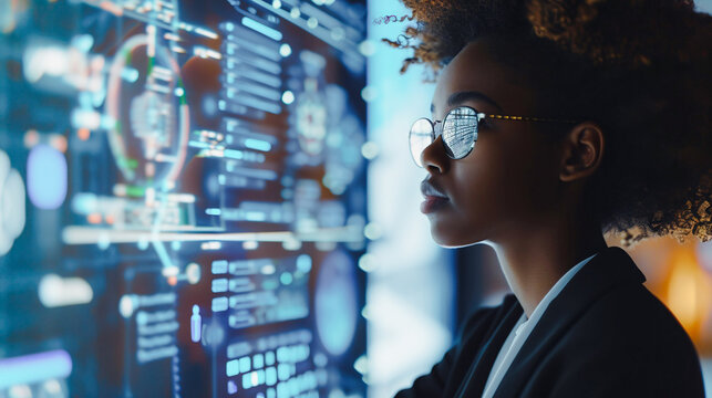 Business African American woman using modern electronic screens at work. Futuristic technology data center