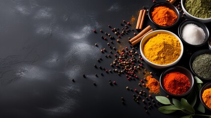 Turmeric powder in spoon on black stone surfacecopy space banner for food and spice concepts.