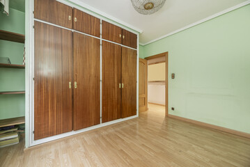 Room with light green walls, a large built-in wardrobe