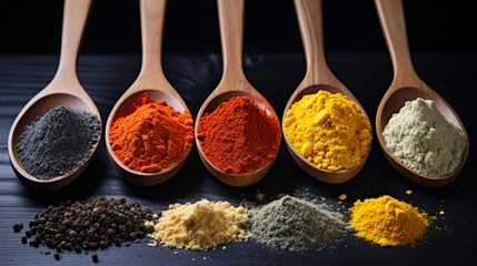 Vibrant turmeric powder on black stone surface with copy space for food and spice concept banner.