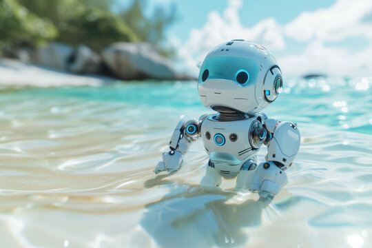 Toy robot in shallow beach water having a good time. Concept of future of vacation with children