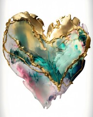 alcohol ink painting forming a heart shape, abstract, pastel tones with golden cracks