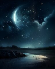 fantasy background, moon, stars, falling stars